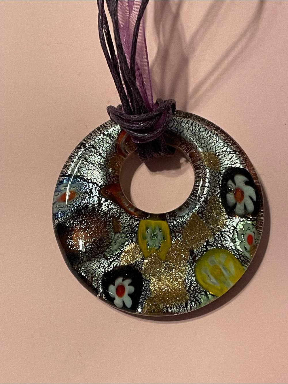 Millefiori Art Glass Large Pendant on Cord Necklace #0152